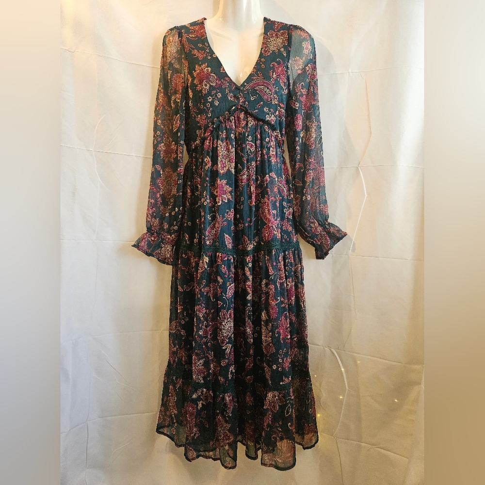 NWT Land of the Free Teal Paisley Boho Midi Dress Open Back Ruffle XS